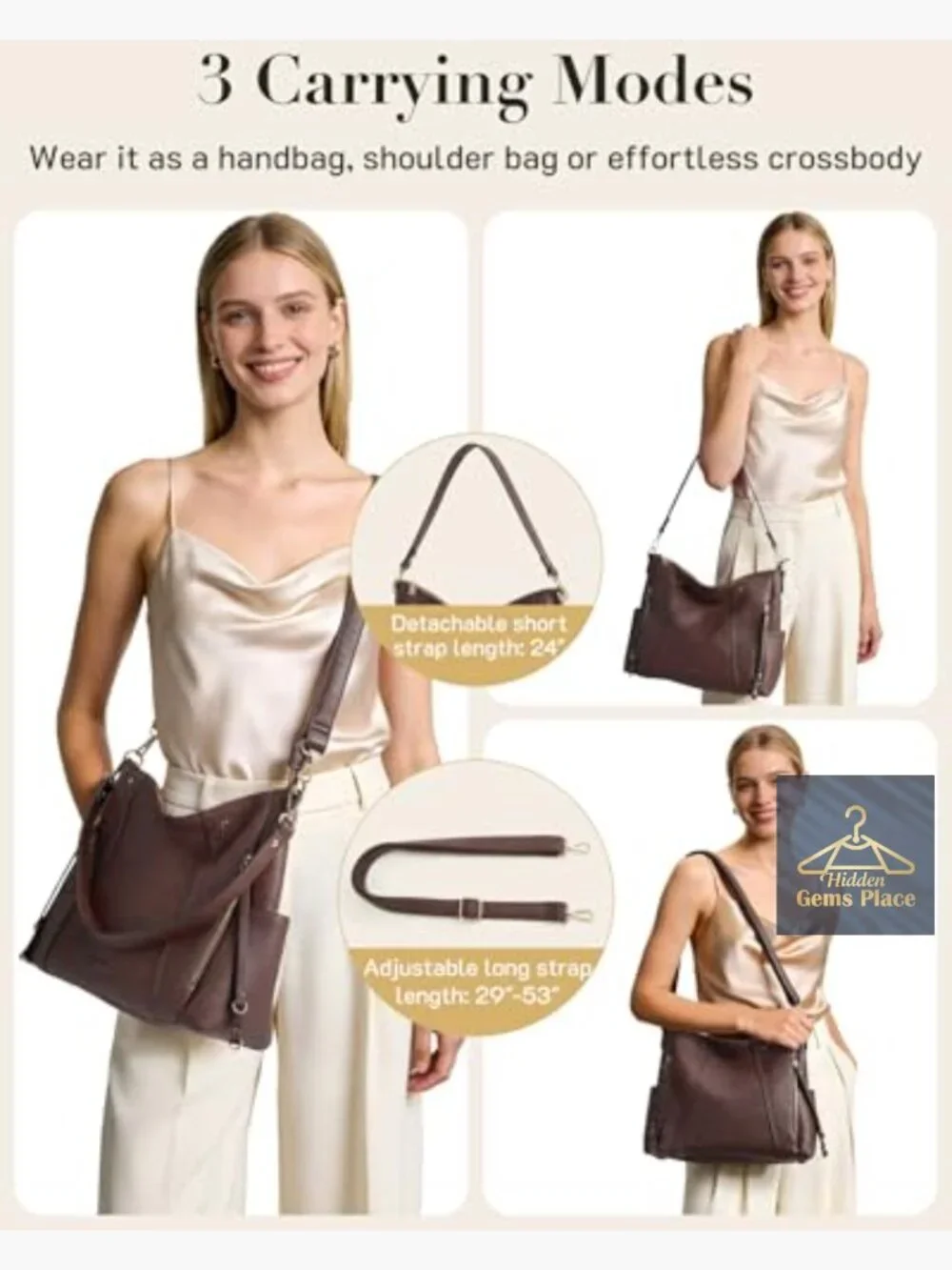Large Vegan Leather Hobo Bag Crossbody Shoulder Tote Multi-Pockets